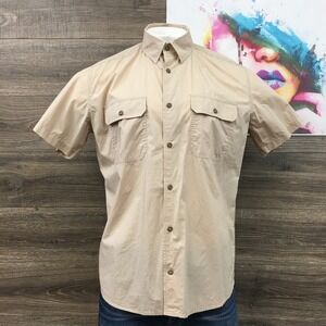 Taylor‎ Stitch Mens Beige Short Sleeve Button Up Shirt 44 Organic Cotton Casual
